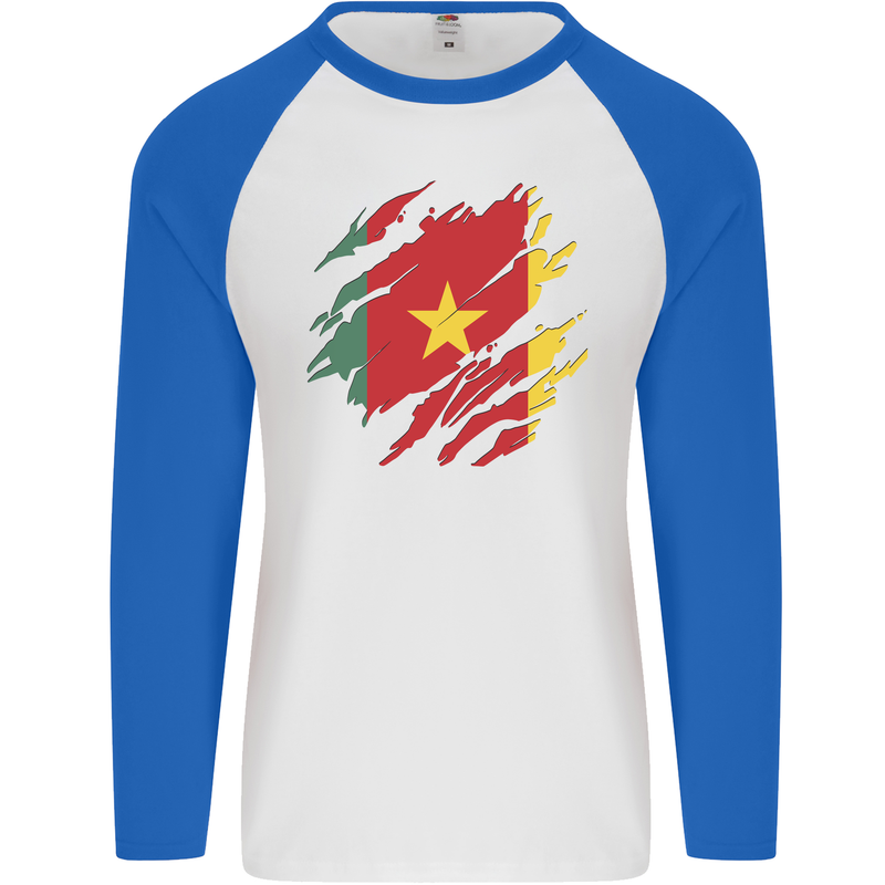 Torn Cameroon Flag Cameroonian Day Football Mens L/S Baseball T-Shirt White/Royal Blue