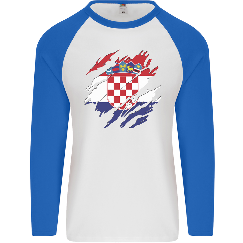 Torn Croatia Flag Croatian Day Football Mens L/S Baseball T-Shirt White/Royal Blue