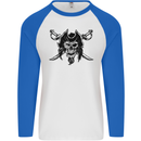 Pirate & Swords Skull Captain Jolly Roger Mens L/S Baseball T-Shirt White/Royal Blue