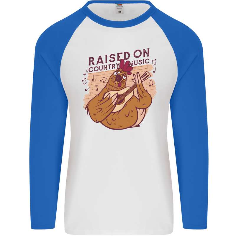 A Chicken Raised on Country Music Mens L/S Baseball T-Shirt White/Royal Blue