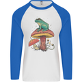 A Frog Sitting on a Mushroom Mens L/S Baseball T-Shirt White/Royal Blue