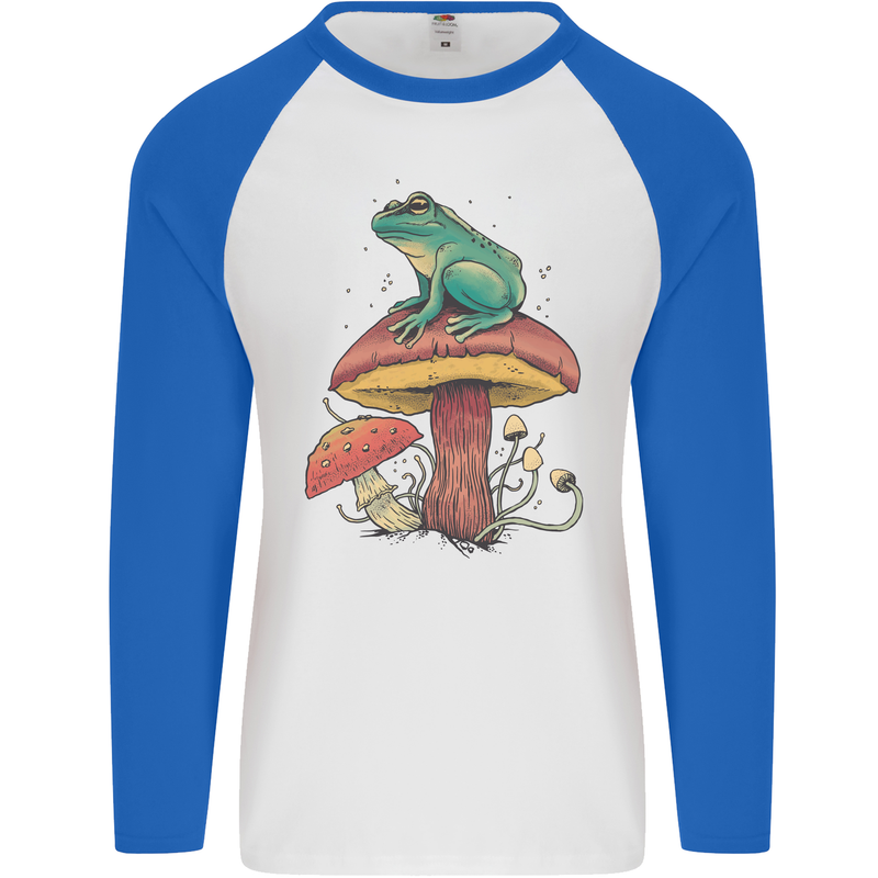 A Frog Sitting on a Mushroom Mens L/S Baseball T-Shirt White/Royal Blue