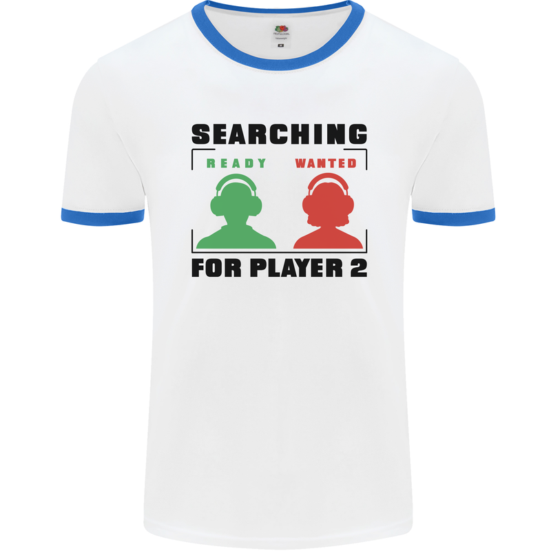 Player Two Wanted Funny Singles Day Gamer Mens Ringer T-Shirt White/Royal Blue