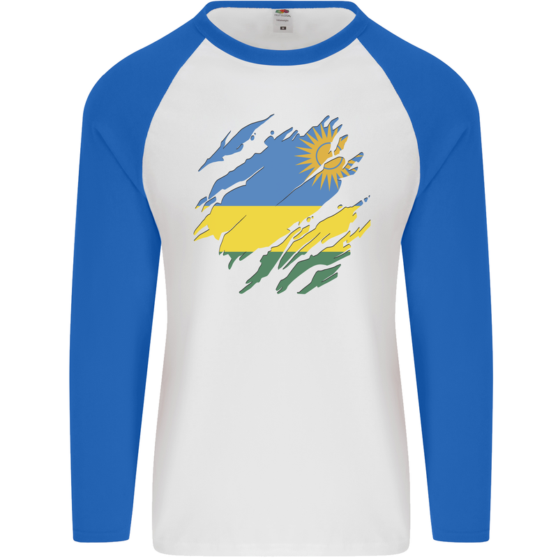 Torn Rwanda Flag Rwandan Day Football Mens L/S Baseball T-Shirt White/Royal Blue