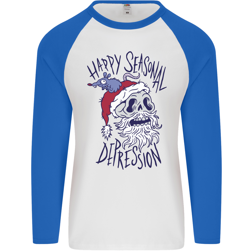 Christmas Bah Humbug Skull Scrooge Mens L/S Baseball T-Shirt White/Royal Blue