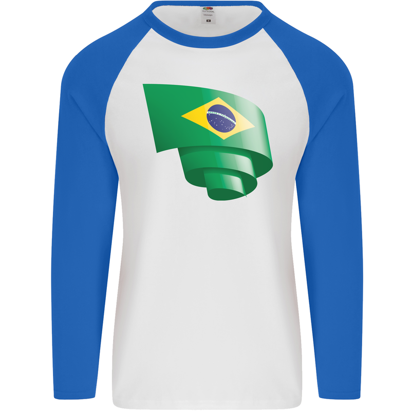 Curled Brazil Flag Brazilian Day Football Mens L/S Baseball T-Shirt White/Royal Blue