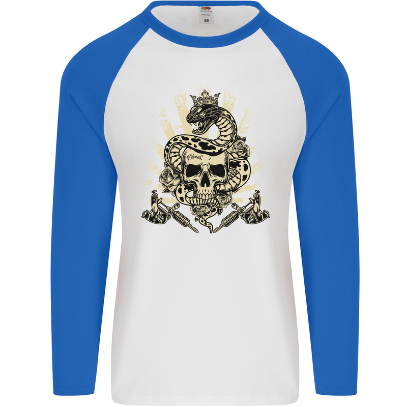 Tattoo Skull Snake Tattooist Biker Gothic Mens L/S Baseball T-Shirt White/Royal Blue