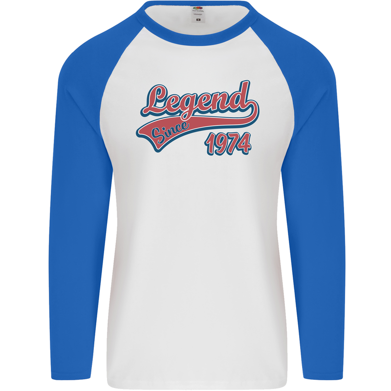 Legend Since 49th Birthday 1974 Mens L/S Baseball T-Shirt White/Royal Blue