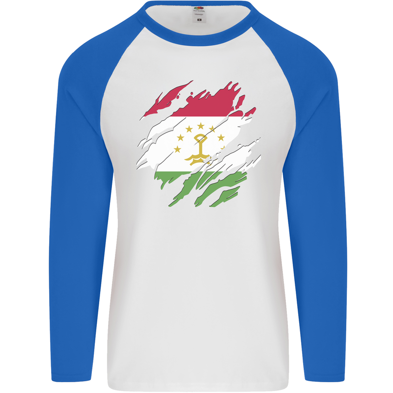 Torn Tajikistan Flag Tajik Day Football Mens L/S Baseball T-Shirt White/Royal Blue