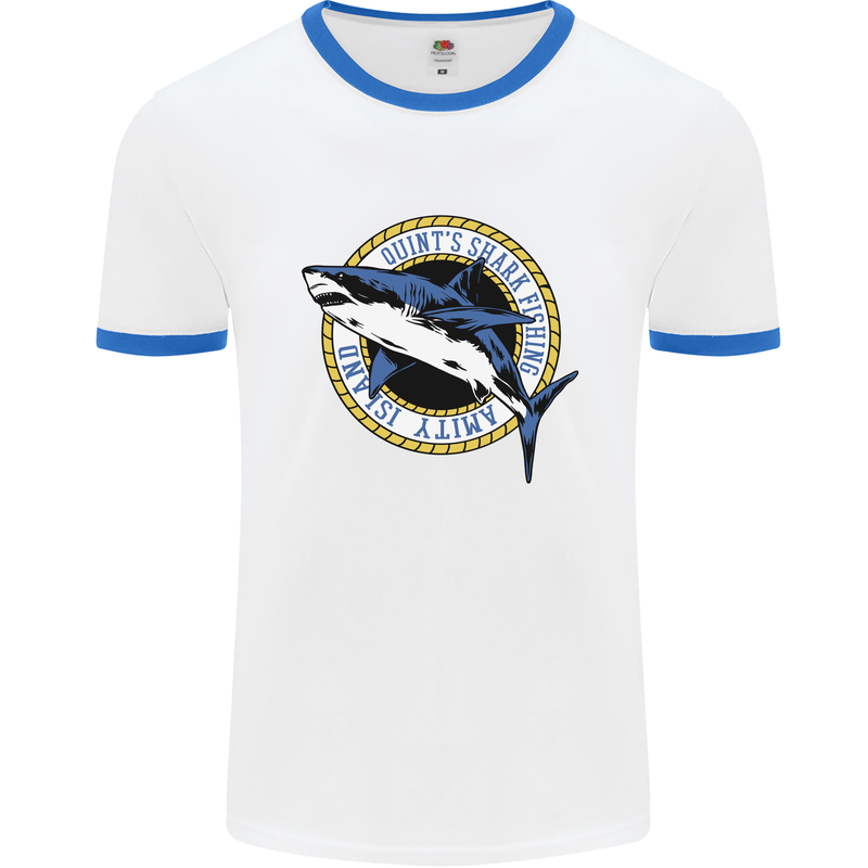 Quints Shark Fishing Amnity Island Great White Mens Ringer T-Shirt White/Royal Blue