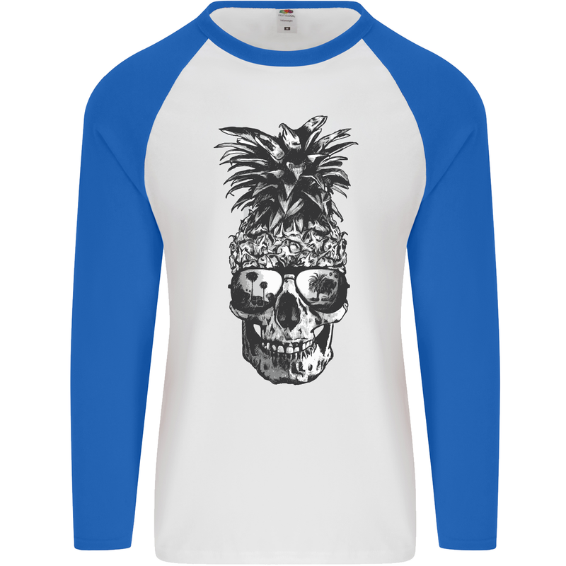 Pineapple Skull Surf Surfing Surfer Holiday Mens L/S Baseball T-Shirt White/Royal Blue