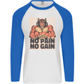 Gym Tiger No Pain No Gain Training Top Mens L/S Baseball T-Shirt White/Royal Blue