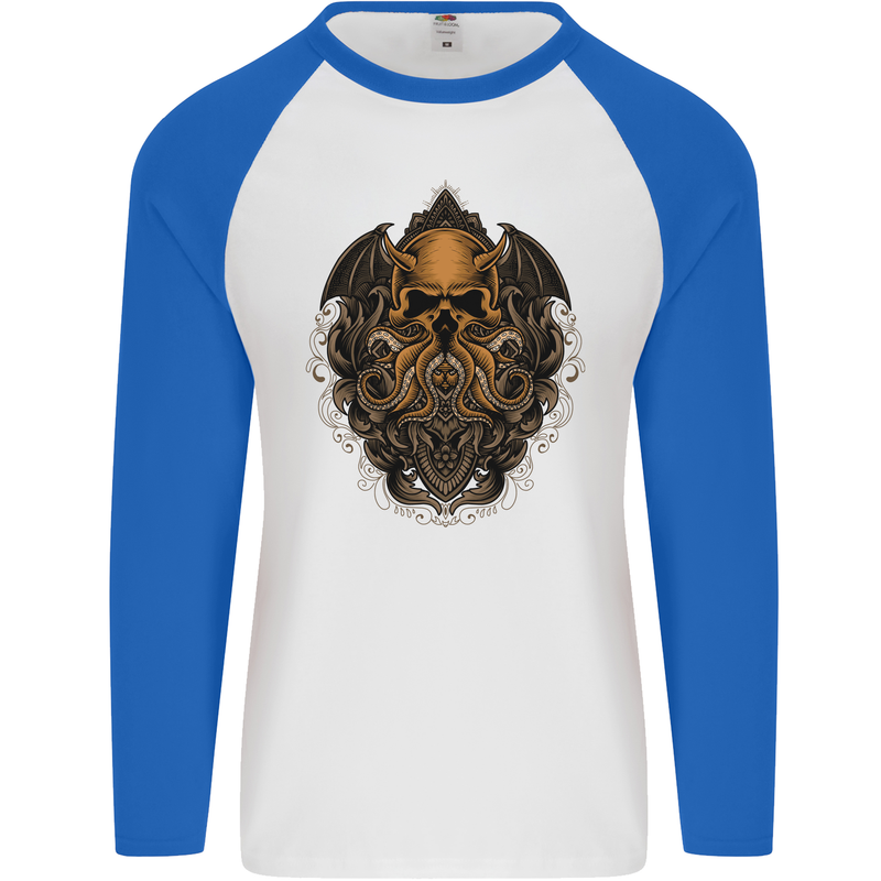 Cthulhu Octopus Kraken Devil Skull Demon Mens L/S Baseball T-Shirt White/Royal Blue