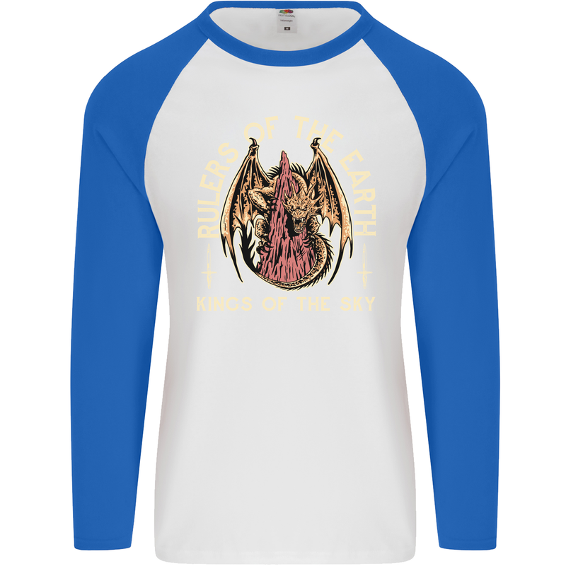 Dragons Rulers of the Earth Fantasy RPG Mens L/S Baseball T-Shirt White/Royal Blue