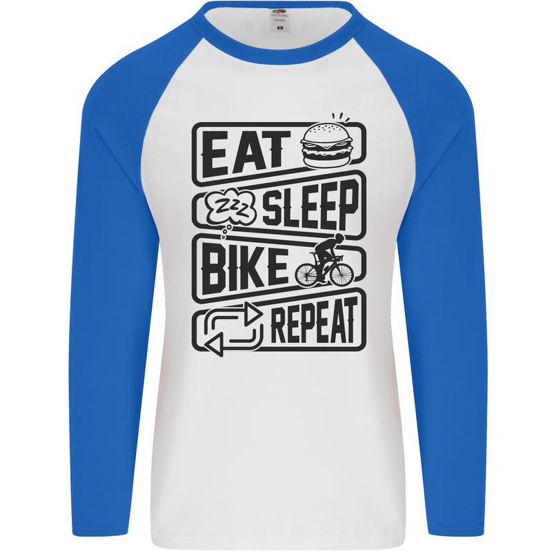 Cycling Eat Sleep Bike Repeat Funny Bicycle Mens L/S Baseball T-Shirt White/Royal Blue