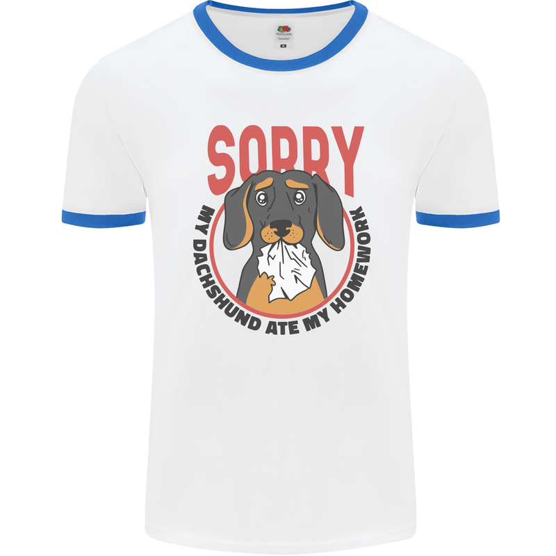 My Dachshund Ate My Homework Funny Dog Mens Ringer T-Shirt White/Royal Blue