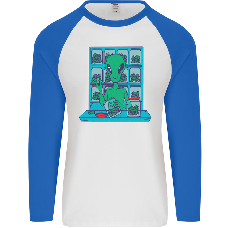 Funny Alien Drug Dealer Weed Mens L/S Baseball T-Shirt White/Royal Blue