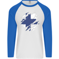 Torn Finland Flag Finnish Day Football Mens L/S Baseball T-Shirt White/Royal Blue