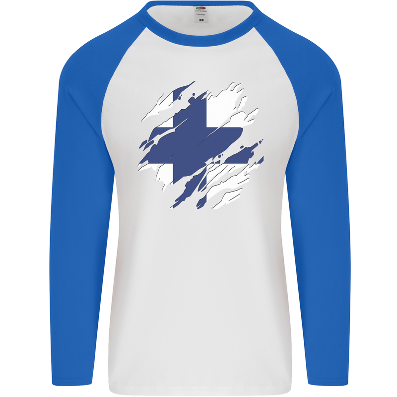 Torn Finland Flag Finnish Day Football Mens L/S Baseball T-Shirt White/Royal Blue