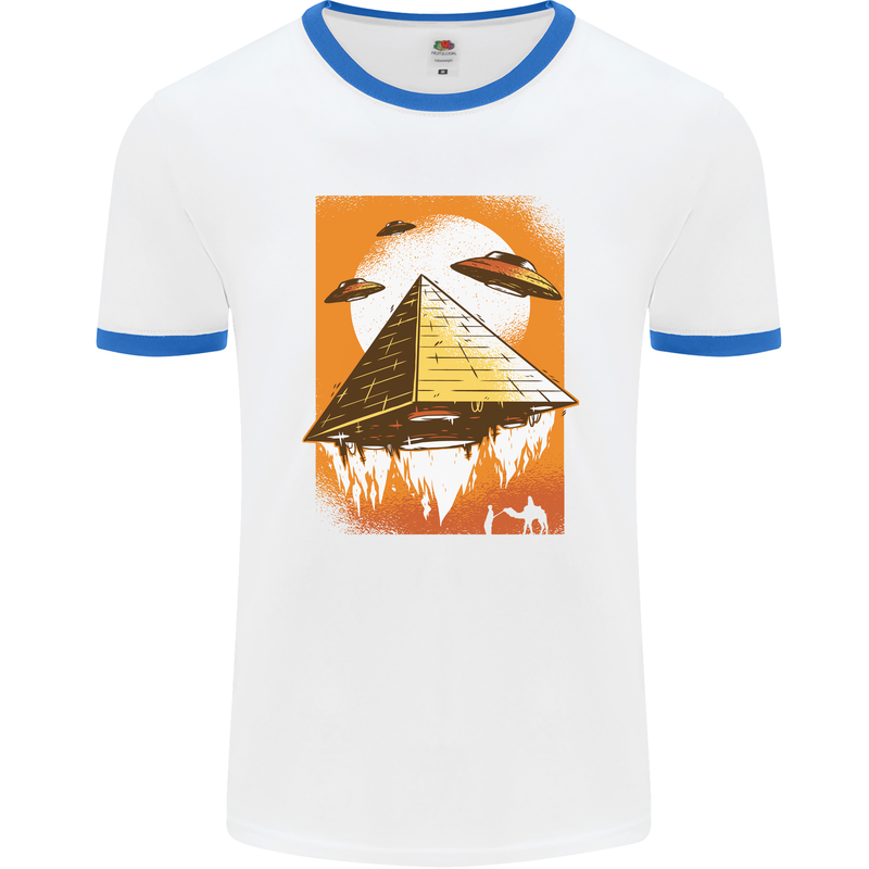 UFO Pyramid Alien Flying Saucer Mens Ringer T-Shirt White/Royal Blue