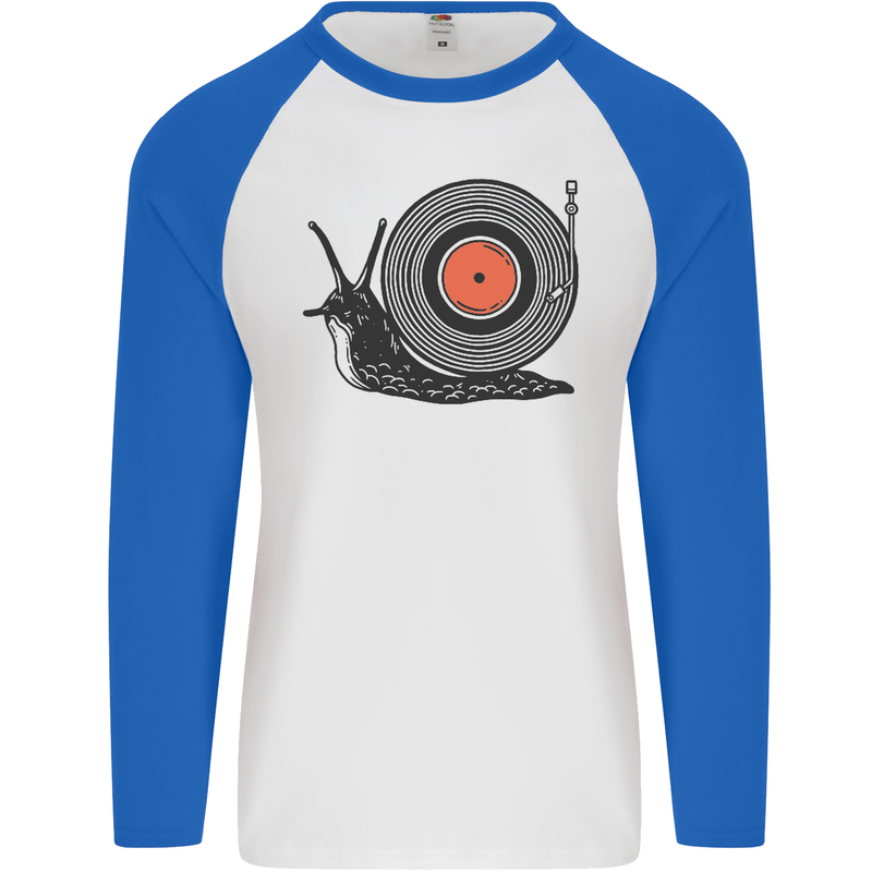 Slug Decks with Vinyl LP DJ DJing Turntable Mens L/S Baseball T-Shirt White/Royal Blue