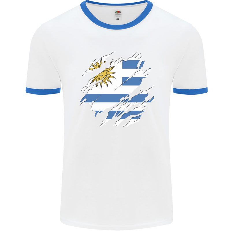 Torn Uruguay Flag Uruguayan Day Football Mens Ringer T-Shirt White/Royal Blue