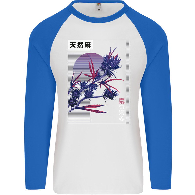 Cannabis Vaporwave Drugs Marijuana Weed Mens L/S Baseball T-Shirt White/Royal Blue