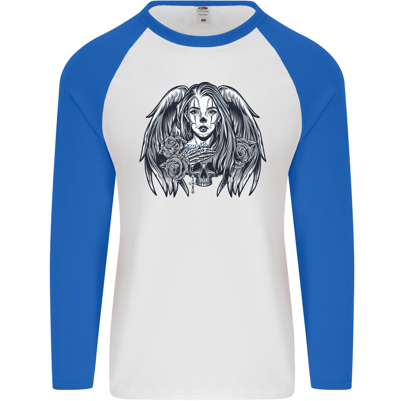 Heaven & Hell Angel Skull Day of the Dead Mens L/S Baseball T-Shirt White/Royal Blue