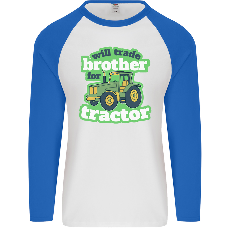 Will Trade Brother For Tractor Farmer Mens L/S Baseball T-Shirt White/Royal Blue