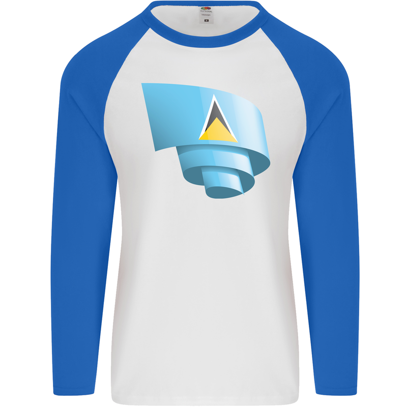 Curled Saint Lucia Flag Lucian Day Football Mens L/S Baseball T-Shirt White/Royal Blue