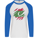 Torn Maldives Flag Maldivian Day Football Mens L/S Baseball T-Shirt White/Royal Blue