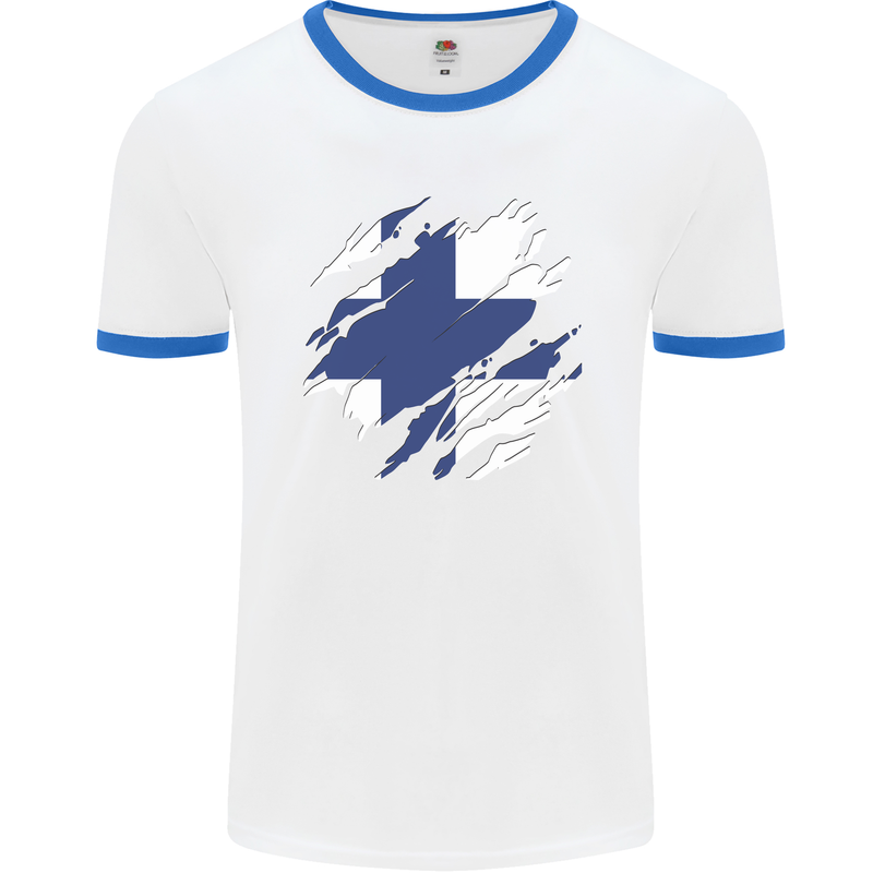 Torn Finland Flag Finnish Day Football Mens Ringer T-Shirt White/Royal Blue