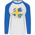 Torn Swedish Flag Sweden Day Football Mens L/S Baseball T-Shirt White/Royal Blue