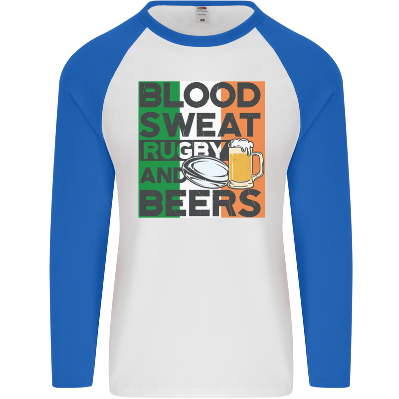 Blood Sweat Rugby and Beers Ireland Funny Mens L/S Baseball T-Shirt White/Royal Blue