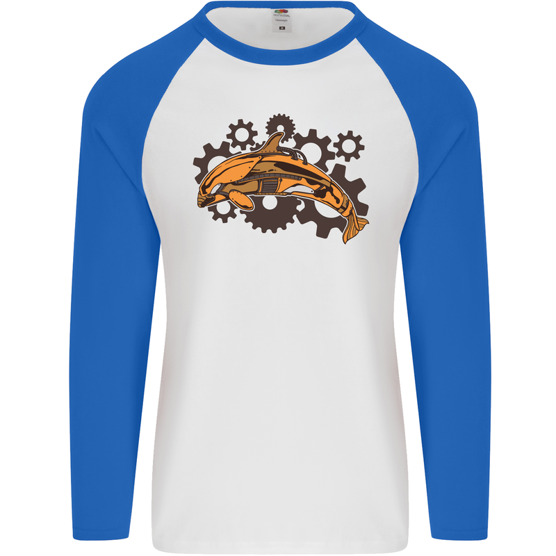 A Steampunk Dolphin Mens L/S Baseball T-Shirt White/Royal Blue