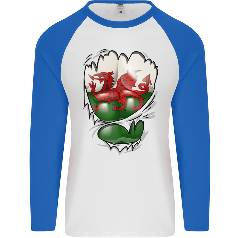 Gym The Welsh Flag Ripped Muscles Wales Mens L/S Baseball T-Shirt White/Royal Blue