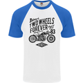 Two Wheels Forever Motorcycle Cafe Racer Mens S/S Baseball T-Shirt White/Royal Blue