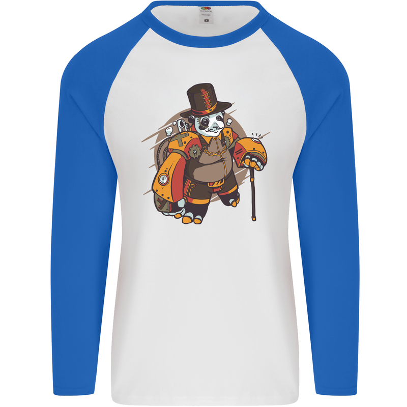 Steampunk Panda Bear Mens L/S Baseball T-Shirt White/Royal Blue