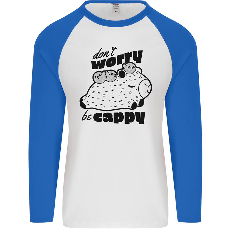 Cappybara Dont Worry Be Cappy Mens L/S Baseball T-Shirt White/Royal Blue