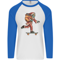 Funny Santa Clause Alien on a Skateboard Mens L/S Baseball T-Shirt White/Royal Blue