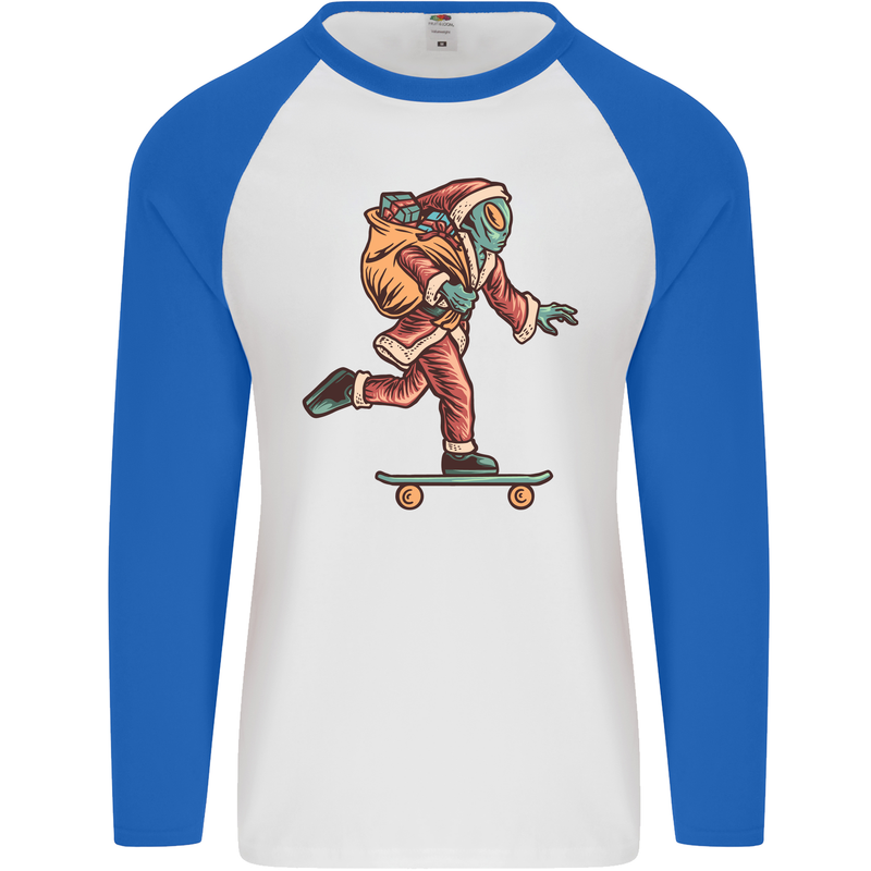 Funny Santa Clause Alien on a Skateboard Mens L/S Baseball T-Shirt White/Royal Blue