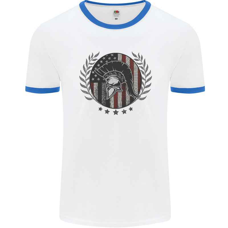 USA Bodybuilding Flag Gym Training Spartan Mens Ringer T-Shirt White/Royal Blue