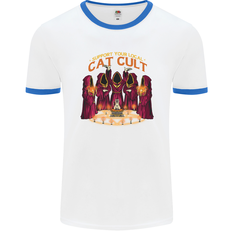 Cat Cult Evil Feline Devil Worship Satanic Mens Ringer T-Shirt White/Royal Blue