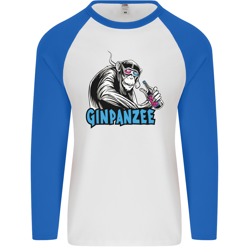 Ginpanzee Funny Gin Drinker Monkey Alcohol Mens L/S Baseball T-Shirt White/Royal Blue