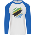 Torn Tanzania Flag Tanzanian Day Football Mens L/S Baseball T-Shirt White/Royal Blue