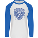Elephant Mandala Art Mens L/S Baseball T-Shirt White/Royal Blue