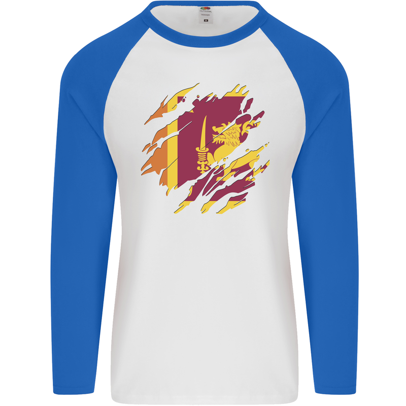 Torn Sri Lankan Flag Sri Lanka Day Football Mens L/S Baseball T-Shirt White/Royal Blue