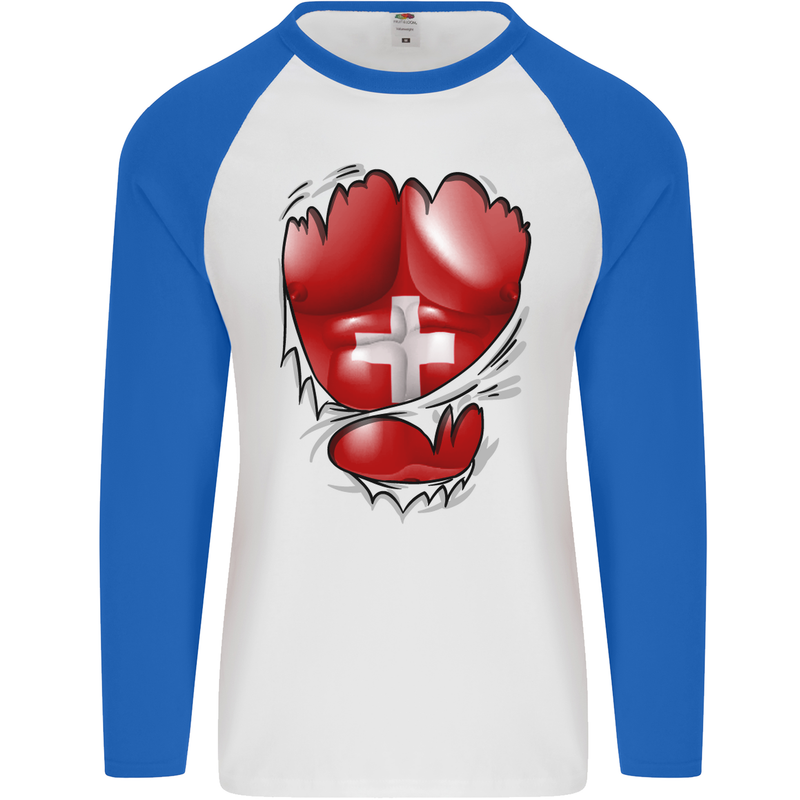 Gym Swiss Flag Ripped Muscles Switzerland Mens L/S Baseball T-Shirt White/Royal Blue