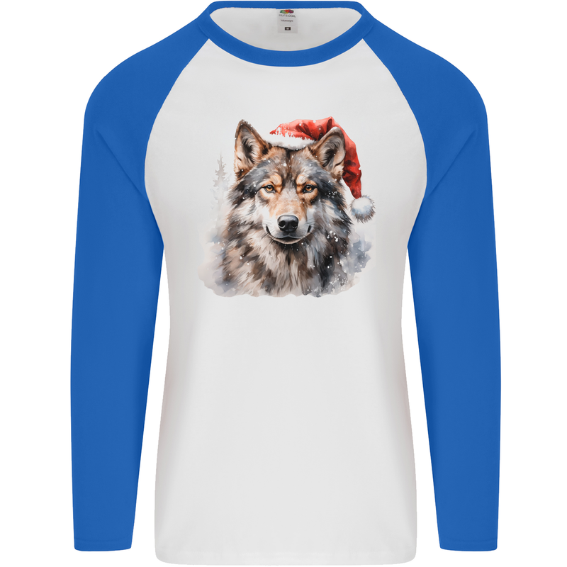 Christmas Wolf Mens L/S Baseball T-Shirt White/Royal Blue