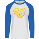 Love Word Art Heart Shape Anti-War Hippy Mens L/S Baseball T-Shirt White/Royal Blue